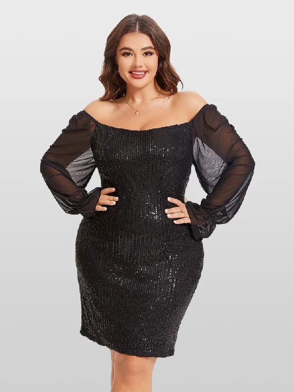 Plus size dresses featuring braided trims are artsy -Contrast Mesh Flounce Sleeve Sequin Bodycon Dress