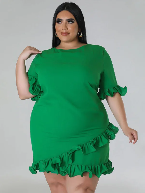 Plus size dresses with floral appliques feel sweet -Solid Round Neck Ruffle Trim Dress