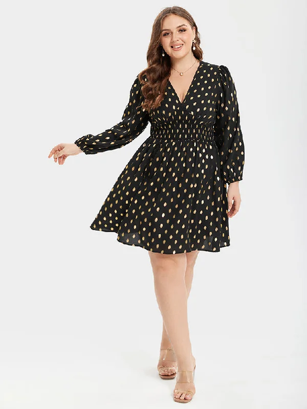 Plus size dresses with elastic waists stretch easily -Gold Polka Dot V-Neck Lantern Sleeve Elastic Waist Dress