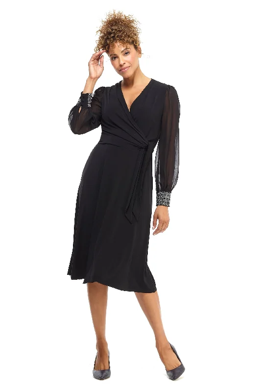 Plus size dresses featuring lace sleeves feel luxe -London Times - T4547M V-Neck Long Sleeves A-Line Dress