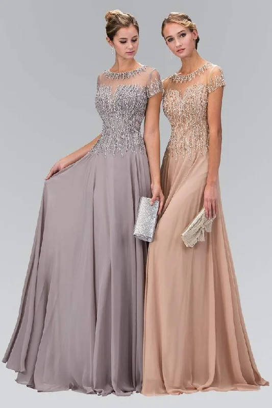 Plus size dresses featuring lace sleeves feel luxe -Elizabeth K Beaded Trellis Illusion Chiffon A-Line Gown GL2126