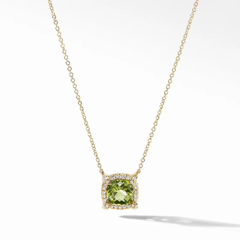 Unique necklaces and pendants with custom birthstone arrangements for personalization-Petite Châtelaine® Pavé Bezel Pendant Necklace in 18K Yellow Gold with Peridot