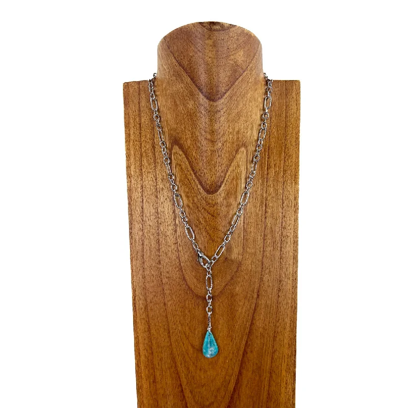 Best necklaces and pendants with heart-shaped designs for a romantic look-NKS230506-23 Silver Metal Chain with Turquoise Stone Teardrop Pendant Necklace