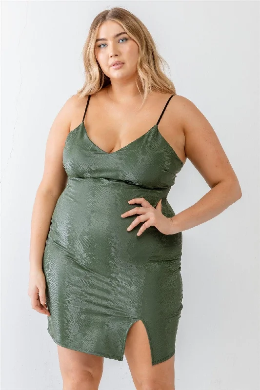 Chic plus size dresses for evenings drape perfectly -Plus Size Olive Snake Vegan Leather Strappy Mini Dress