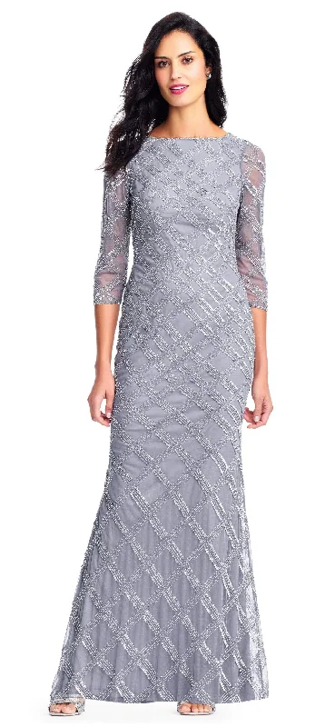 Plus size dresses with midi lengths balance well -Adrianna Papell - AP1E202919 Beaded Sheer Quarter Length Sleeves Dress