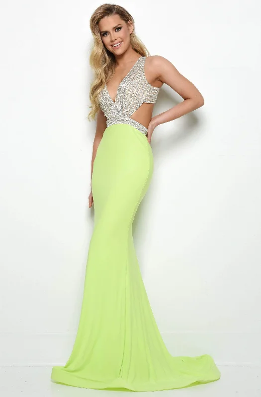 Plus size dresses with bright hues feel lively -Jasz Couture - 7032 Embellished Deep V-neck Trumpet Dress