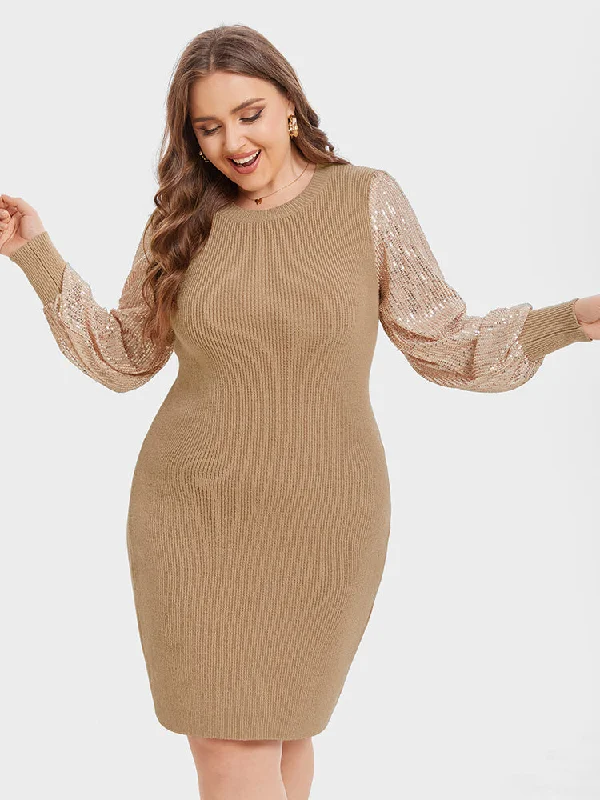 Plus size dresses featuring neutral tones pair easily -Contrast Sequin Lantern Sleeve Bodycon Dress