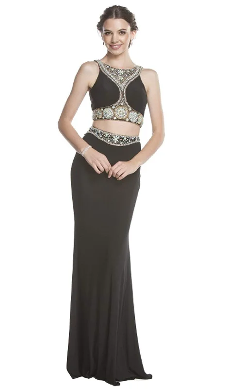 Plus size dresses with timeless charm stay chic -Aspeed Design - Two Piece Bedazzled Halter Sheath Prom Dress