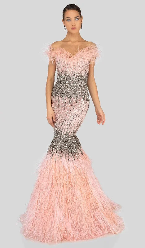 Plus size dresses with sleek fits elongate frames -Terani Couture - 1911GL9512 Feather-Fringed Bejeweled Mermaid Gown