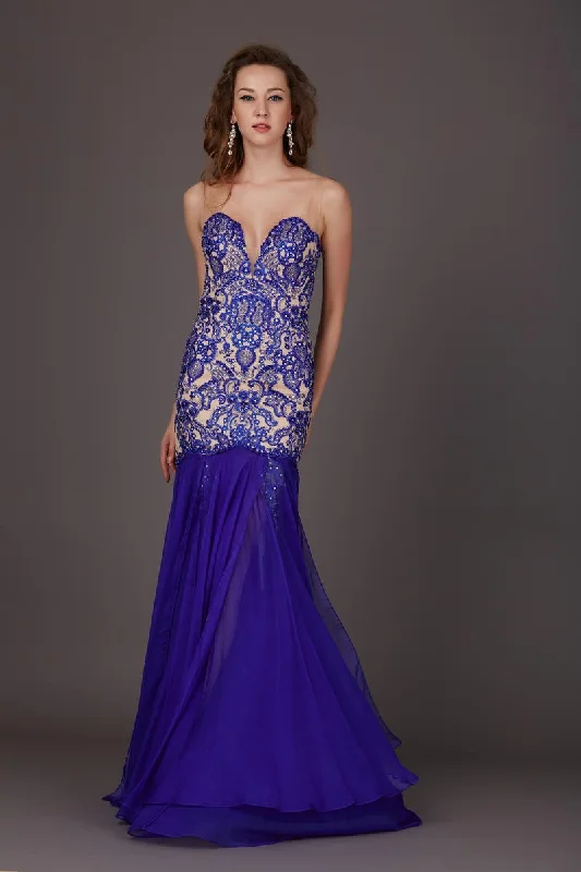 Plus size dresses featuring ruffle details add charm -Angela & Alison - 61205 Beaded Strapless Fitted Evening Dress - 1 pc Royal Blue/Nude in Size 16 Available