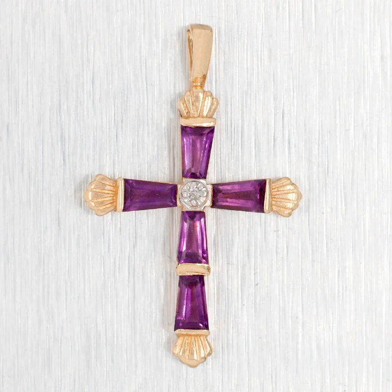 Best necklaces and pendants with opal and gold for a vibrant, luxurious contrast-Vintage 1ctw Purple Amethyst Cross Pendant - 14k Yellow Gold Scalloped Edges