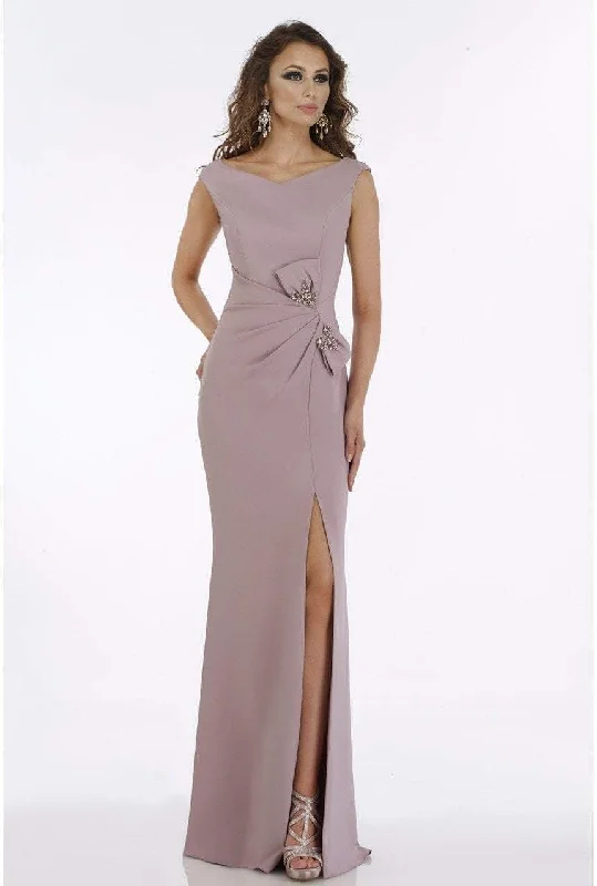 Plus size dresses featuring chevron prints are sharp -Gia Franco - Embellished Bateau Trumpet Gown With Slit 12921