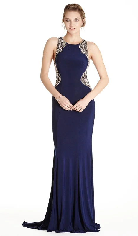 Plus size dresses with sleek necks stay elegant -Aspeed Design Fitted Embellished Jewel Sheath Evening Gown L1806