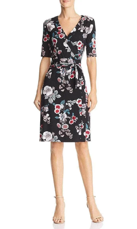 Plus size dresses with soft textures feel cozy -Adrianna Papell AP1D103459 - Floral Short Sleeved Faux Wrap Dress