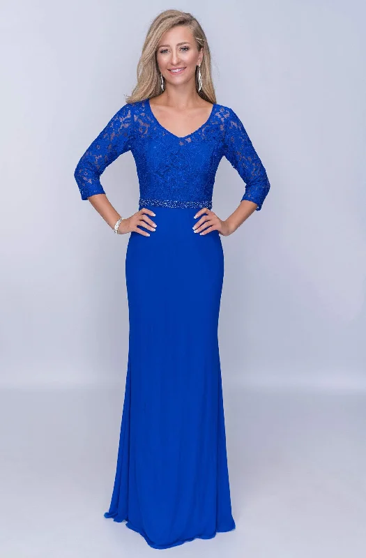 Plus size dresses with short sleeves suit spring -Nina Canacci - Fitted V-Neck Lace Evening Dress M301 - 1 pc Royal In Size 14 Available