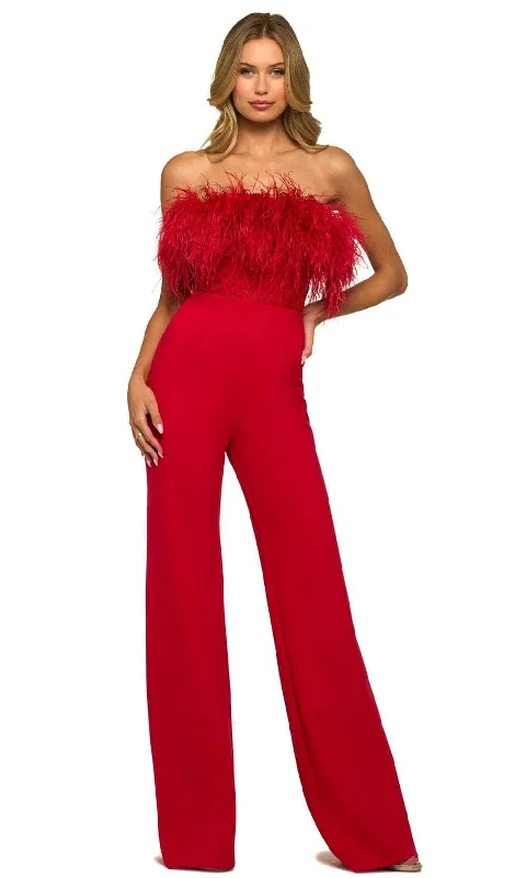 Plus size dresses with sleek designs suit all -Sherri Hill 55382 - Feathered Strapless Jumpsuit