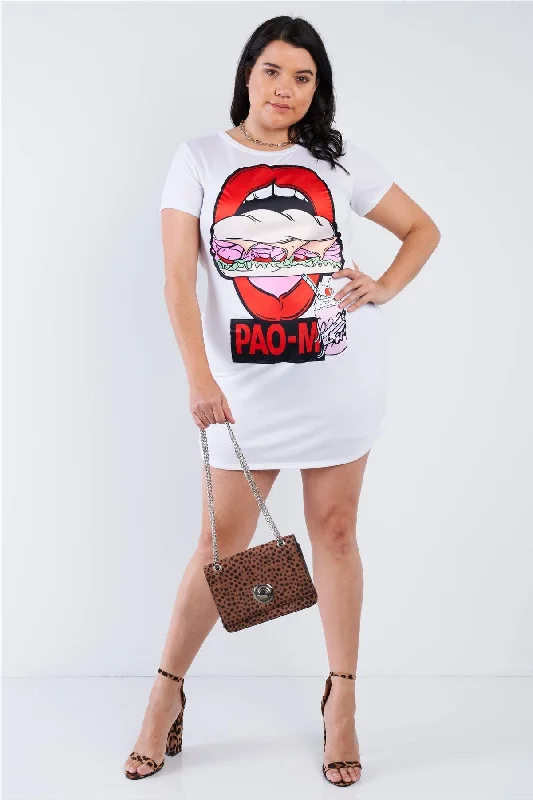 Plus size dresses featuring glitter accents sparkle bold -Plus Size White Red Lips Graphic T-shirt Dress /2-2-2