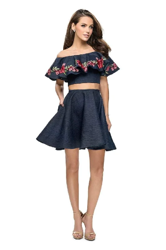 Plus size dresses featuring neutral tones pair easily -La Femme - 26627 Two Piece Floral Applique Denim Dress