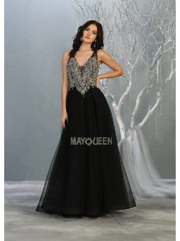 Plus size dresses featuring lace details feel romantic -May Queen - MQ1737 Long Beaded V-Neck Bodice Tulle Dress