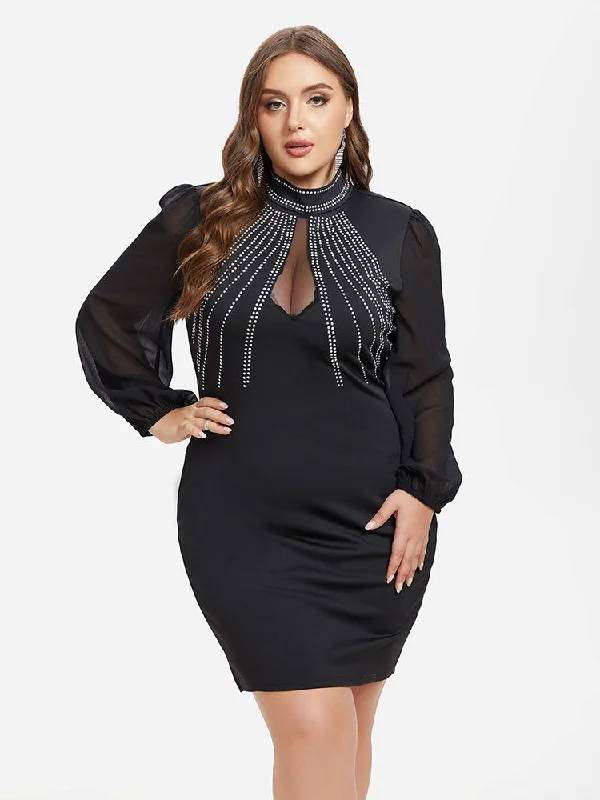 Plus size dresses for fuller busts fit perfectly -Contrast Mesh Lantern Sleeve Rhinestone Detail Backless Dress