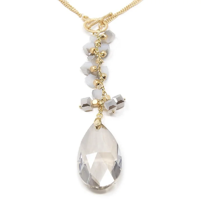 Best necklaces and pendants with sterling silver for an affordable yet stylish choice-Gold Tone Two Layer Long Necklace with Glass Teardrop Grey