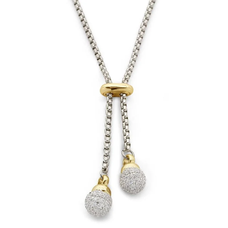 Trendy necklaces and pendants with statement pieces for a bold fashion statement-Two Tone Sliding Two Pave Ball Necklace 36 Inch