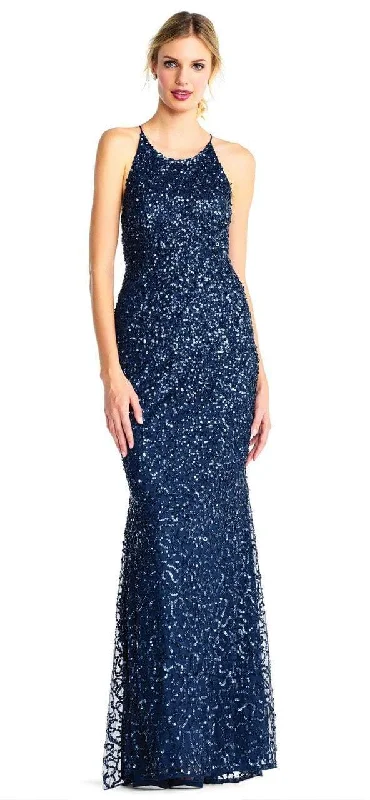 Plus size dresses with sleek necks stay elegant -Adrianna Papell - Cross-Stringed Back Sequined Halter Gown AP1E202438 - 1 pc Deep Blue In Size 16 Available