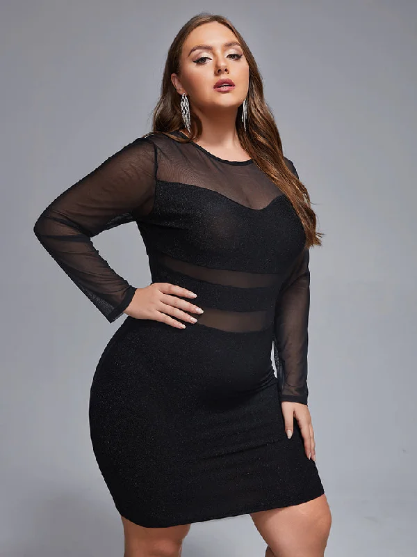 Plus size dresses featuring tie-dye patterns are quirky -Plus Mesh Patchwork Glitter Bodycon Dress