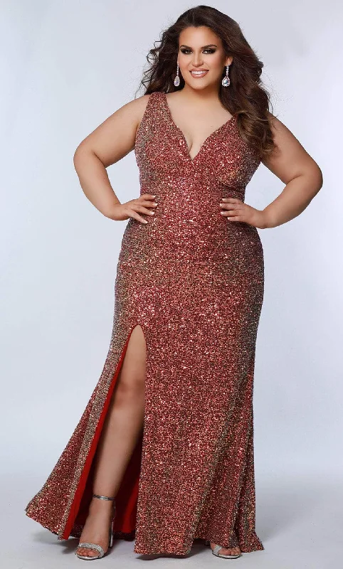 Plus size dresses featuring glitter accents sparkle bold -Sydney's Closet SC7339 - Sequin Embellished Plunging V-Neck Prom Dress