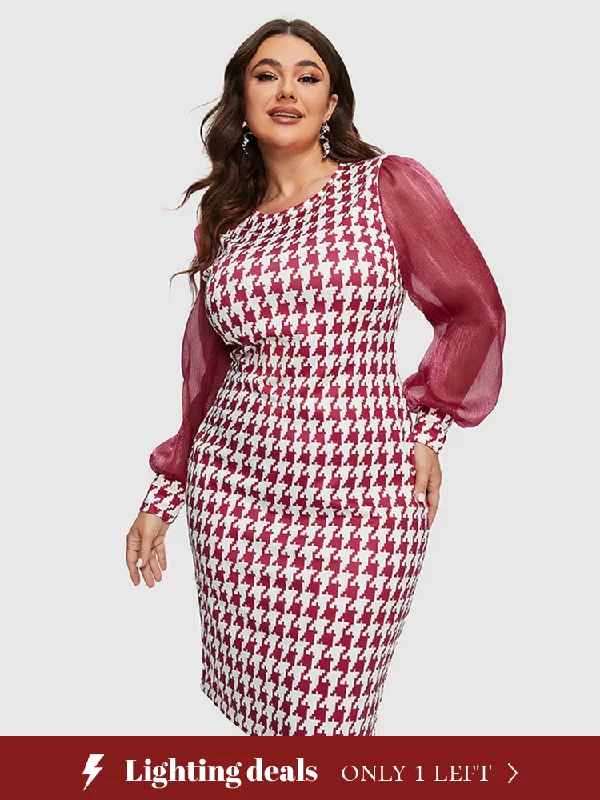 Plus size dresses with classic designs never fade -Houndstooth Print Patchwork Round Neck Mesh Dress