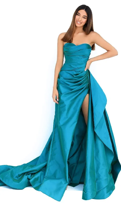 Plus size dresses with classic vibes never age -Tarik Ediz - 50868 Strapless Sweetheart Pleated Bodice High Slit Gown