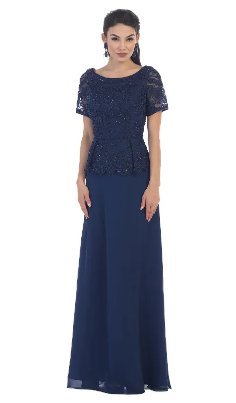 Plus size dresses for evening wear glow softly -May Queen - MQ-1427 Short Sleeve Embroidered Bateau Neck A-line Evening Dress