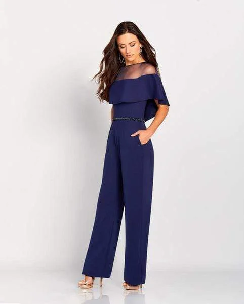 Plus size dresses for wide hips fit nicely -Cameron Blake by Mon Cheri - Beaded Illusion Neck Jumpsuit 119665 - 1 Pc Navy in Size 14 Available