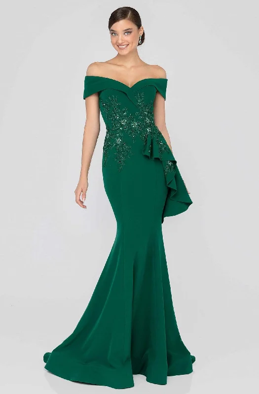 Affordable plus size dresses for casual days stay chic -Terani Couture - 1911M9339 Off Shoulder Side Drape Peplum Mermaid Gown