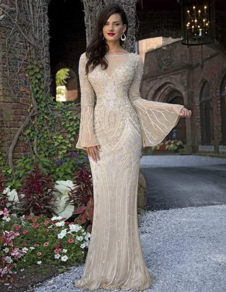 Plus size dresses for office chic stay crisp -Primavera Couture - Embellished Long Bell Sleeve Bateau Dress 3284 - 1 pc Beige In Size 2 Available