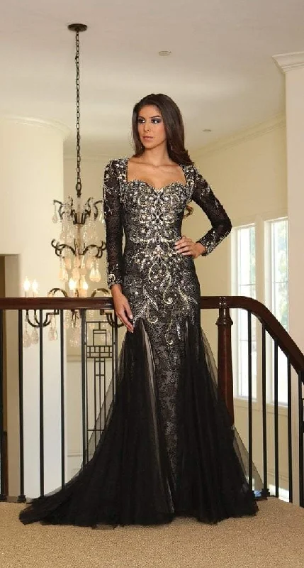 Plus size dresses for festive events shine loud -May Queen - Long Sleeve Rhinestone Embellished Evening Gown RQ-7210 - 1 pc Black in Size 16 Available