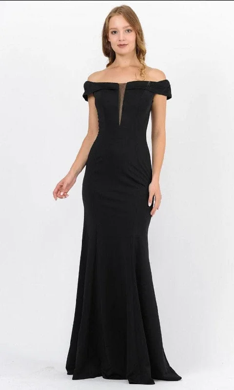 Plus size dresses for formal events look elegant -Poly USA 8462 - Off-Shoulder Notched V-Neck Formal Dress