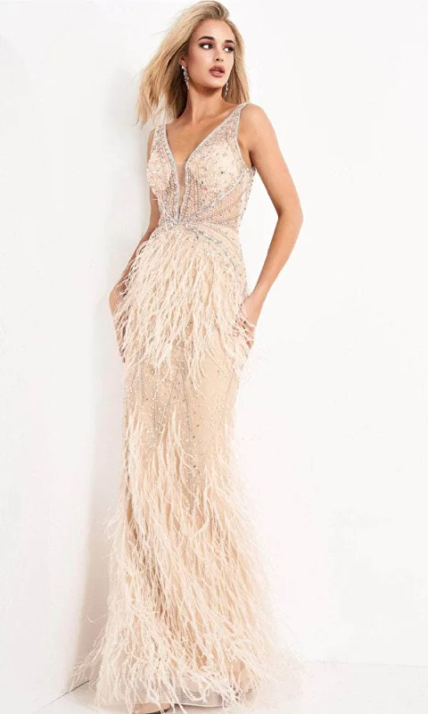 Plus size dresses with playful details add charm -Jovani - 03023 Sheer Bodice Beaded Adorned Feather Fitted Evening Gown