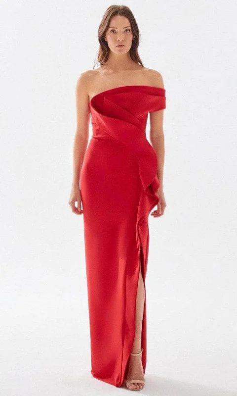 Plus size dresses for elegant dinners glow softly -Tarik Ediz - Off Shoulder Ruffled Prom Dress 52029 - 1 pc Red In Size 2 Available