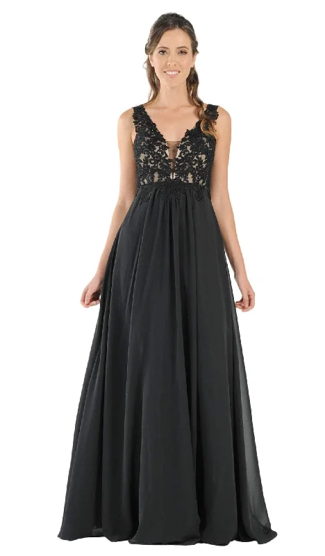 Plus size dresses with empire waists cinch nicely -Poly USA - 8012 Embellished Lace Deep V-Neck Chiffon A-Line Dress