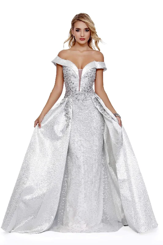 Plus size dresses with unique necklines add flair -Shail K - 48716 Plunging Off Shoulder Metallic Gown with Overskirt