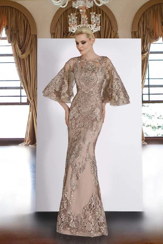 Elegant plus size dresses for weddings fit beautifully -Janique - Lace Embroidered Bell Sleeve Bateau Trumpet Dress W2073  - 1 pc Champagne In Size 12 Available