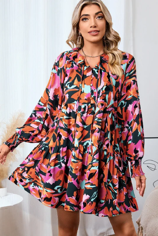 Plus size dresses with hidden support shape secretly -Printed Tie Neck Lantern Sleeve Mini Dress