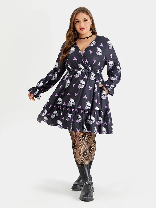 Plus size dresses featuring floral patterns feel fresh -Halloween Print Flounce Sleeve Pocket Ruffle Trim Dress