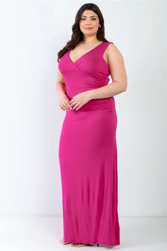 Plus size dresses with sleek designs suit all -Junior Plus Fuchsia V-Neck Sleeveless Maxi Dress /3-3