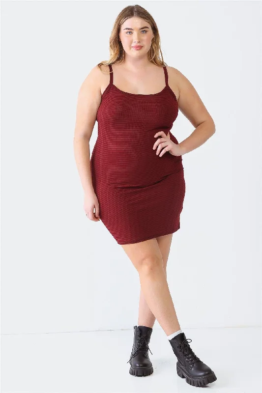 Plus size dresses with vibrant shades feel fun -Plus Size Burgundy Stripe Sleeveless Mini Dress