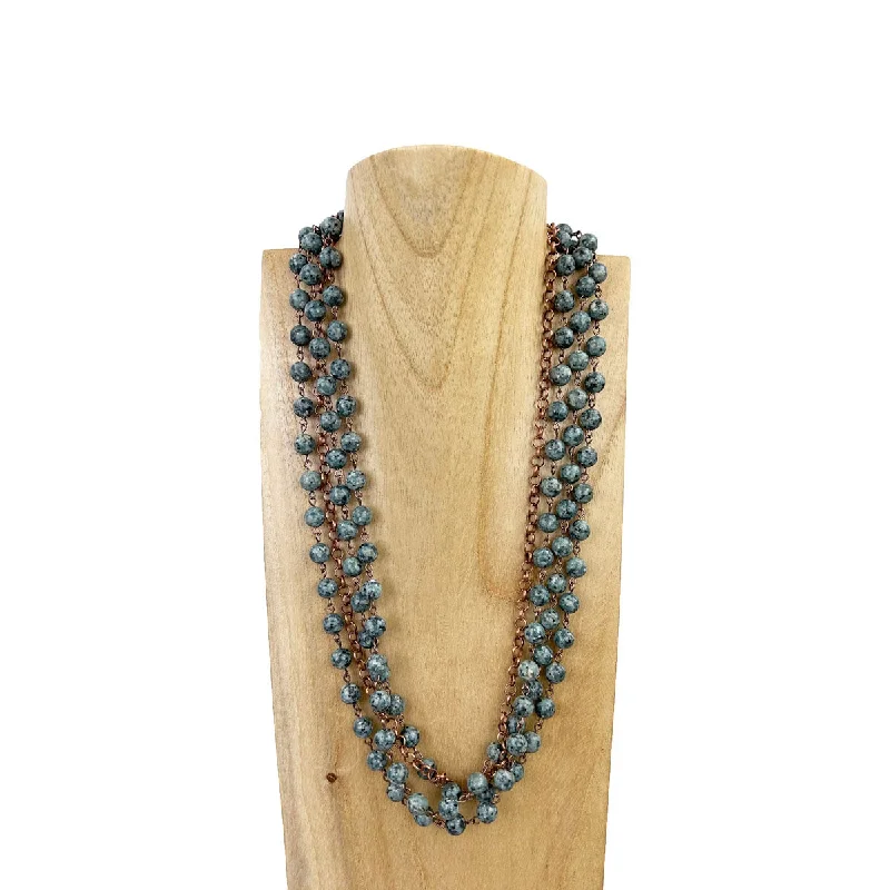 Elegant necklaces and pendants with onyx stones for a sleek, polished look-NKS230603-10  3 Layers Grey Jasper Stone Beads with Cooper Color Metal Chain Necklace