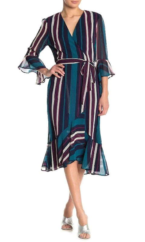 Plus size dresses featuring laser-cut details are unique -Maison Tara - 91116M Tea Length Stripe Wrap Chiffon Dress