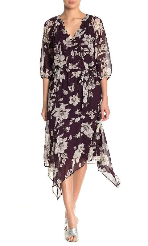 Plus size dresses featuring quilted textures add depth -Maison Tara - 91136M Tea Length Floral Faux Wrap Style Dress