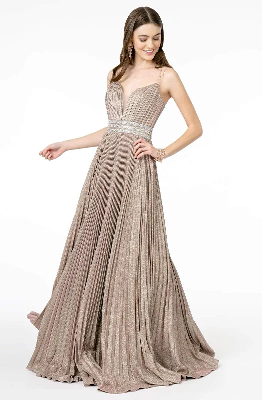 Plus size dresses with tough fabrics age well -Elizabeth K - GL2905 Deep V Neck Pleated Metallic Glitter A-Line Gown